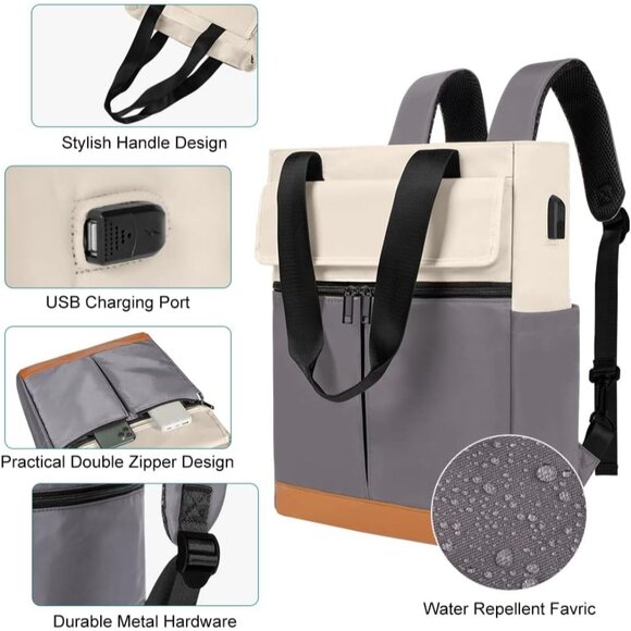 Women Grey Convertible Daypack Laptop Computer Backpack with USB Charging Port